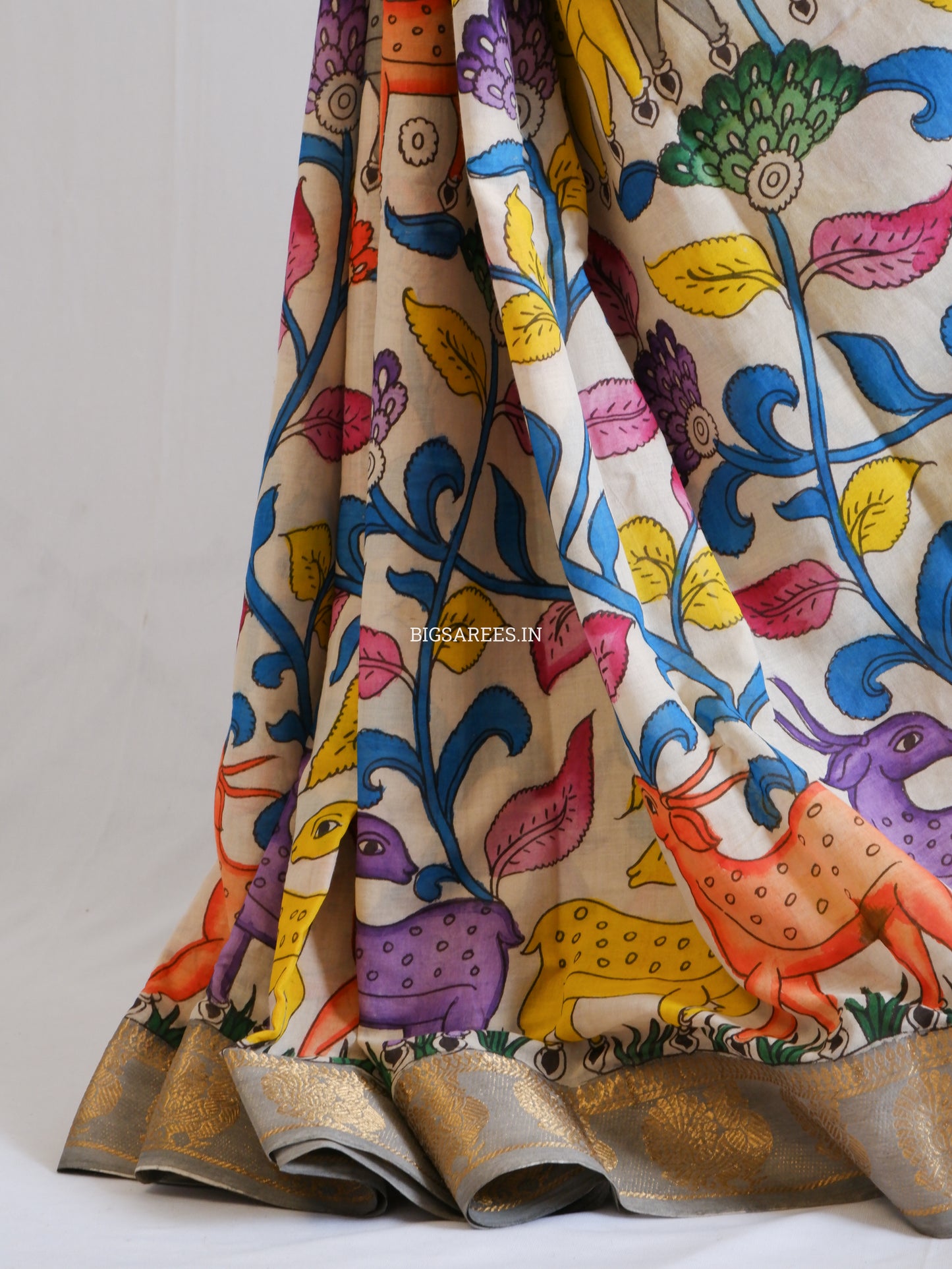 Pen Kalamkari Cotton Saree with Running Blouse | Hand-Painted | White