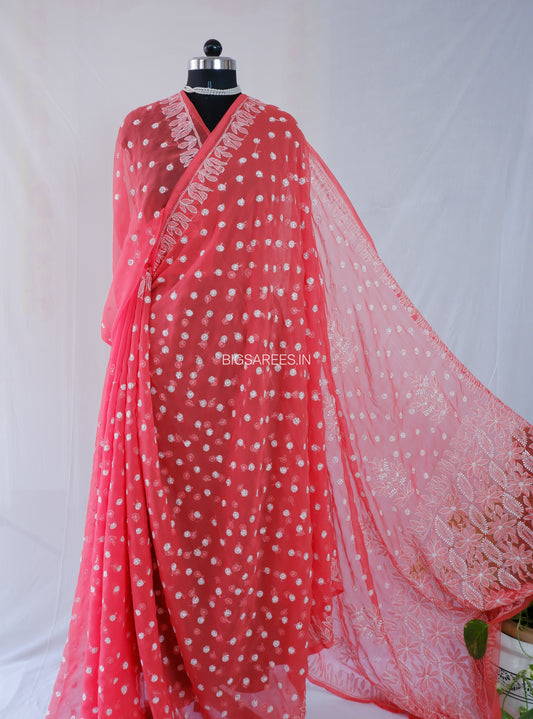 Chikankari Hand Embroidered Saree | Semi Georgette | Red