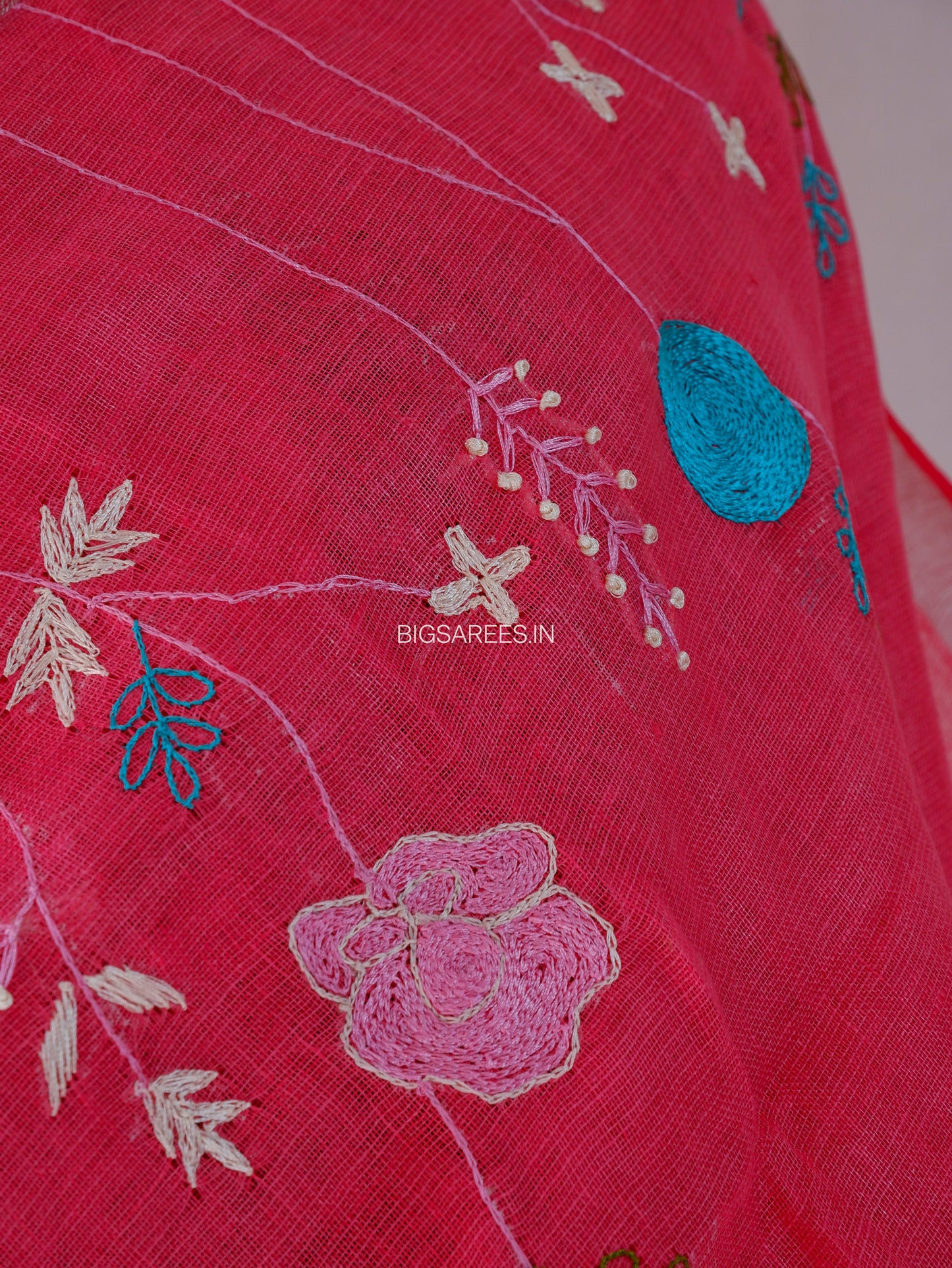 Hand-Embroidered Linen Saree | Linen by Linen | Pink