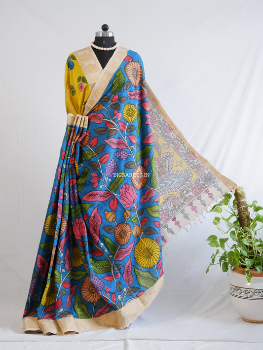 Pen Kalamkari Cotton Saree with Running Blouse | Hand-Painted | Blue