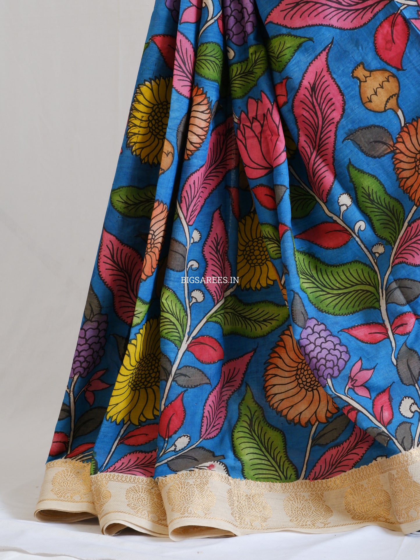 Pen Kalamkari Cotton Saree with Running Blouse | Hand-Painted | Blue
