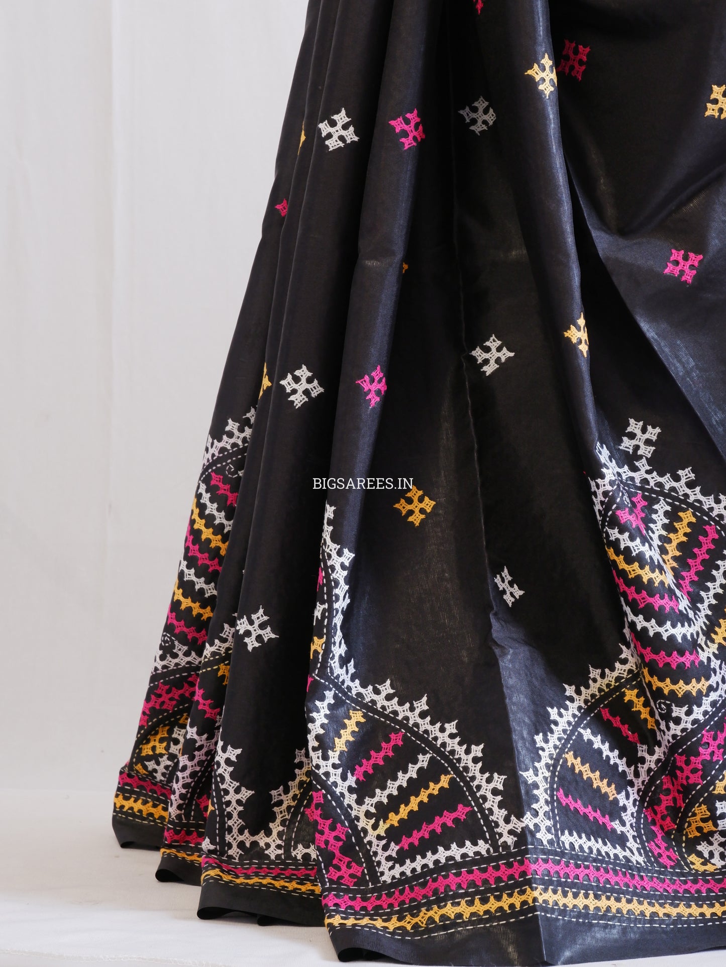 Kutchi/Gujarati Hand Embroidered Saree | Blended Bangalore Silk / Art Silk | Black