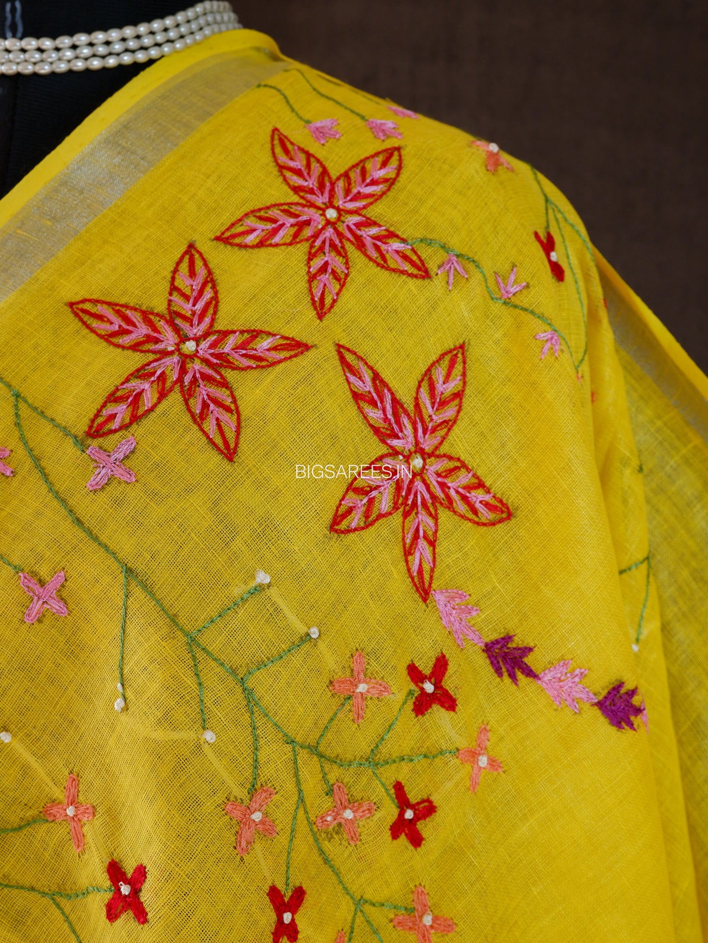 Hand-Embroidered Linen Saree | Linen by Linen | Yellow