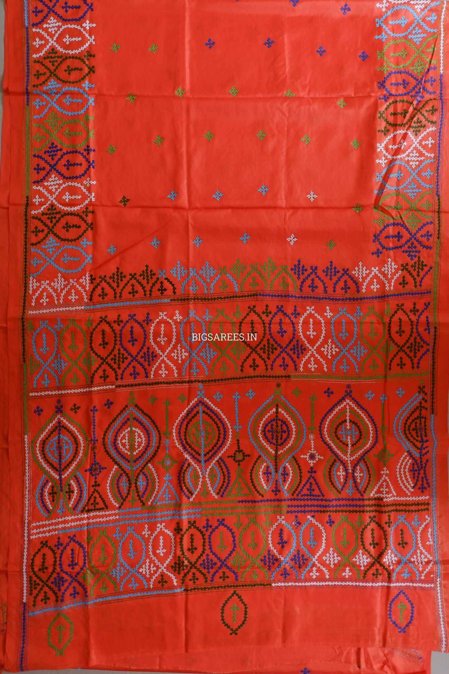 Kutchi/Gujarati Hand Embroidered Saree | Blended Bangalore Silk / Art Silk | Orange