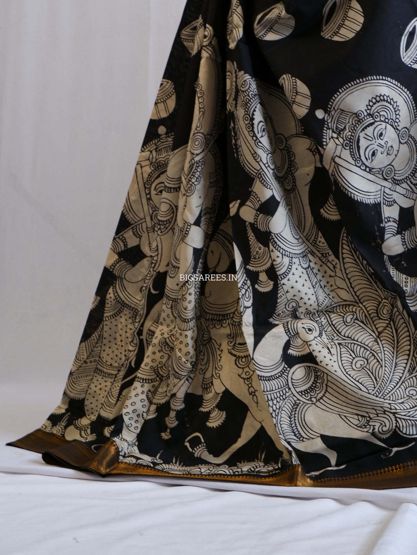 Pen Kalamkari Hand-Painted Saree with Blouse | Mangalgiri Silk | Black & White