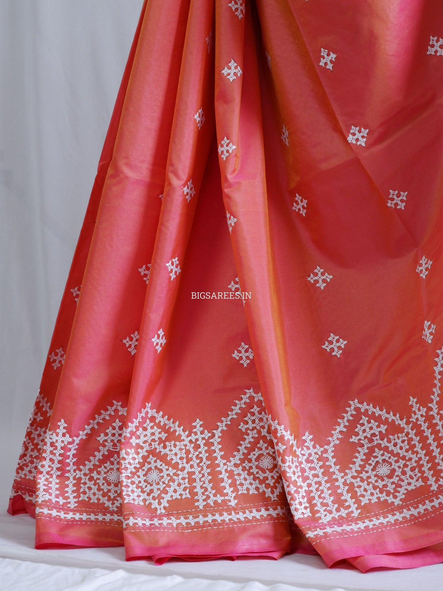 Kutchi/Gujarati Hand Embroidered Saree | Blended Bangalore Silk / Art Silk | Carrot Pink (Dual Tone)