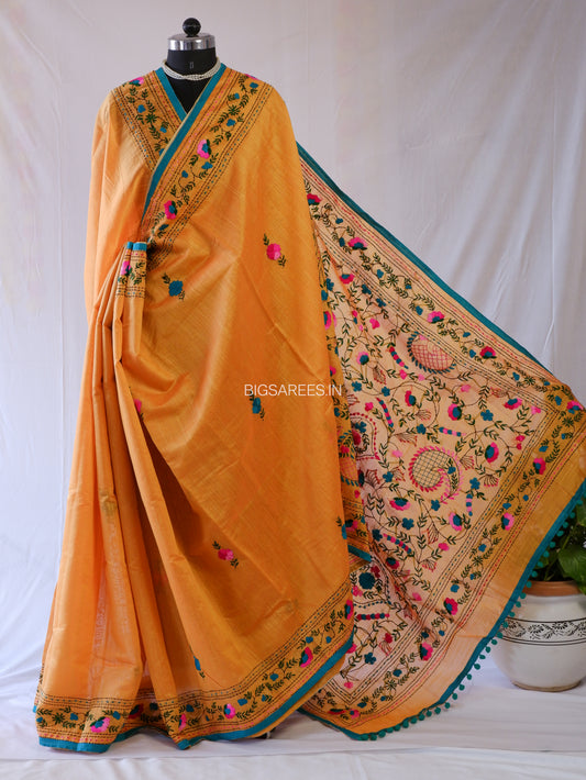 Phulkari Hand-Embroidered Saree | Chanderi Silk | Deep Yellow