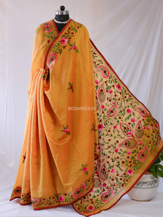Phulkari Hand-Embroidered Saree | Chanderi Silk | Yellow