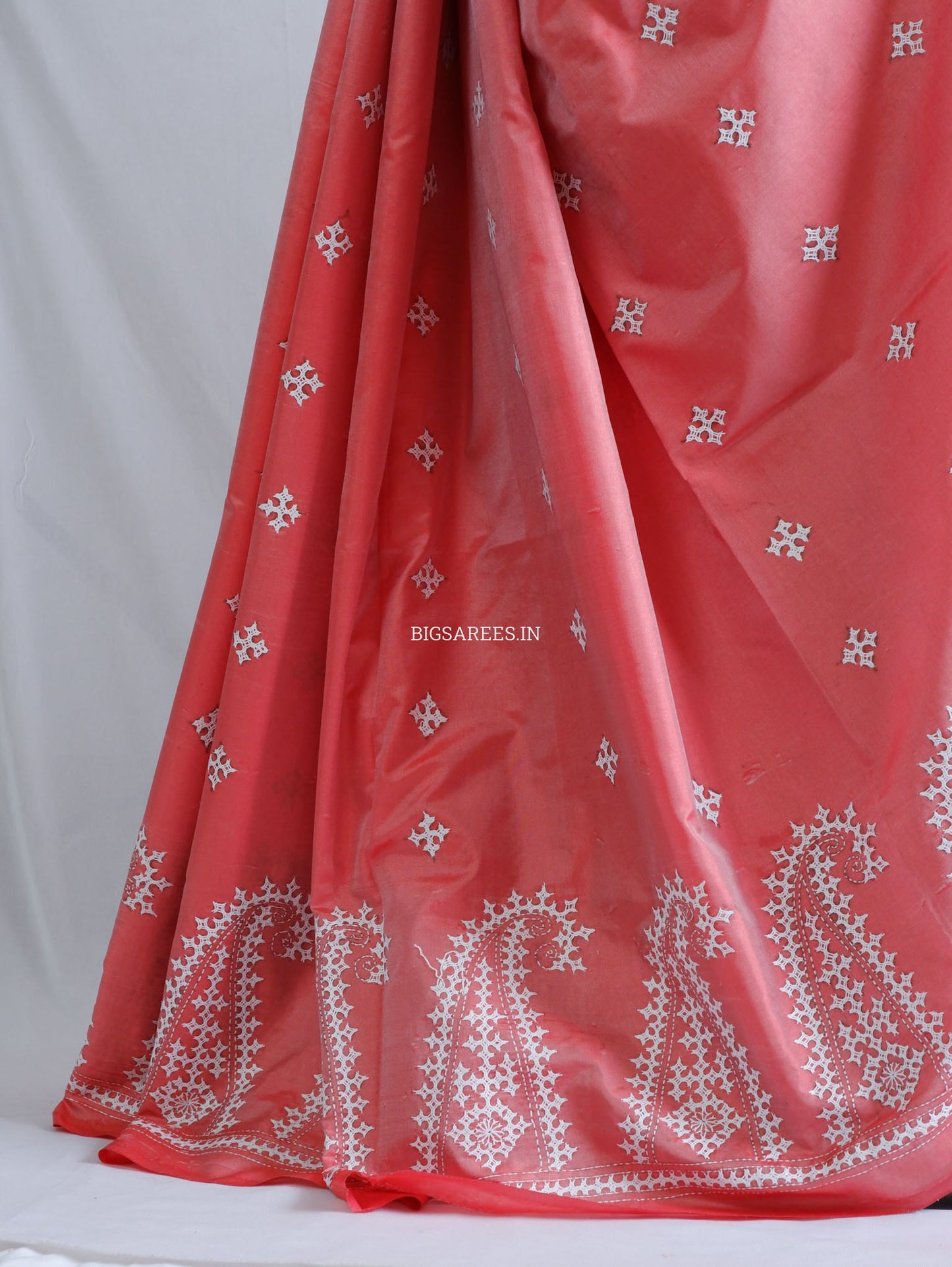 Kutchi/Gujarati Hand Embroidered Saree | Blended Bangalore Silk / Art Silk | Cherry Pink (Dual Tone)