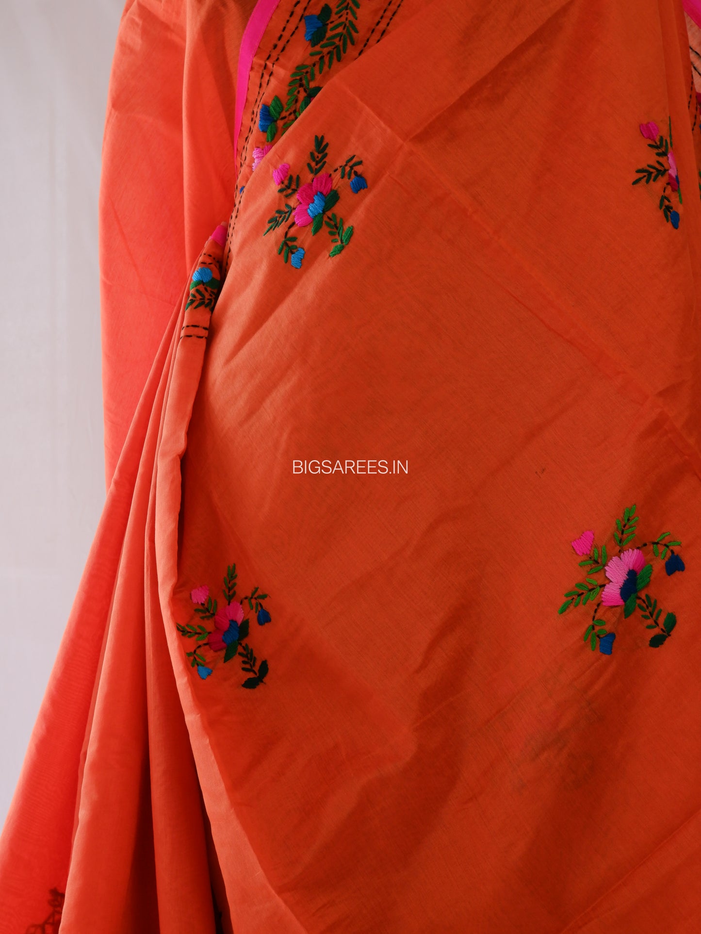 Phulkari Hand-Embroidered Saree | Chanderi Silk | Scarlet Rose