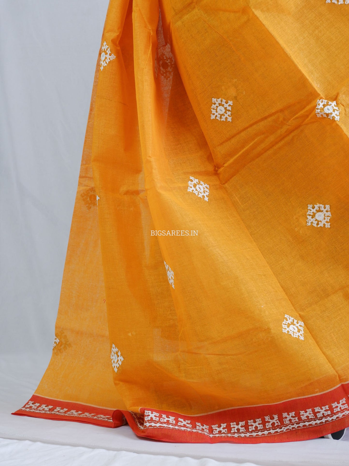 Kutchi Hand-Embroidered Saree with Blouse Piece | Dhonekhali Cotton | Orange
