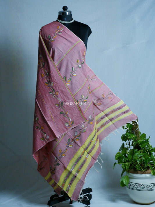 Hand-Embroidered Kantha - Stitch Dupatta | Pure Khesh Cotton | Baby Pink | 36" |