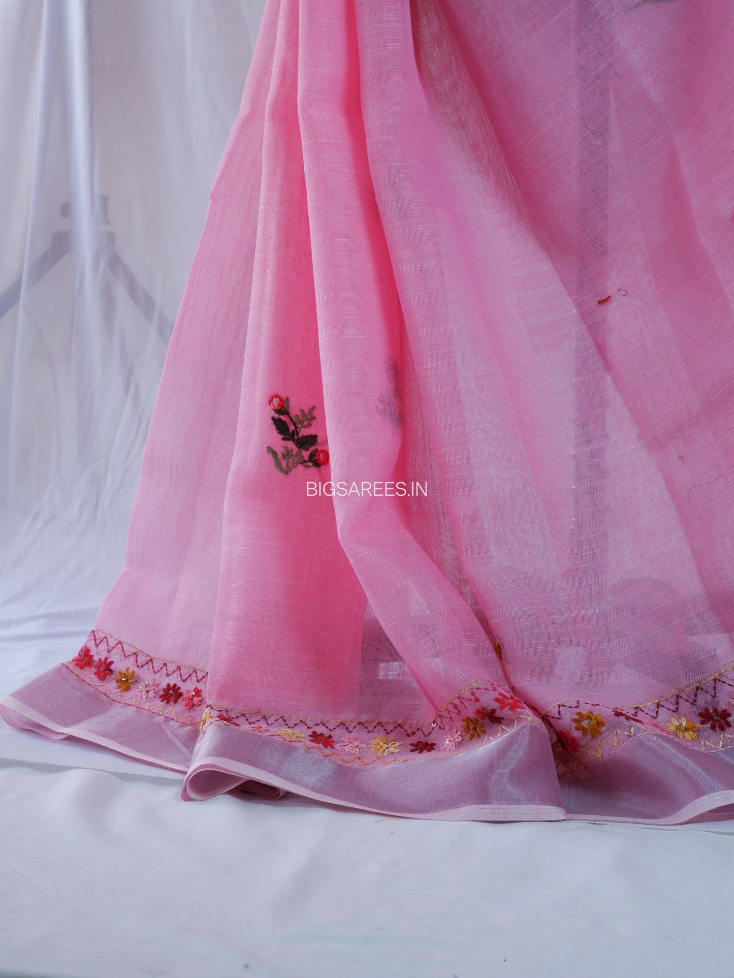 Bullion Knot Hand-Embroidered Saree | Cotton Linen | Pink