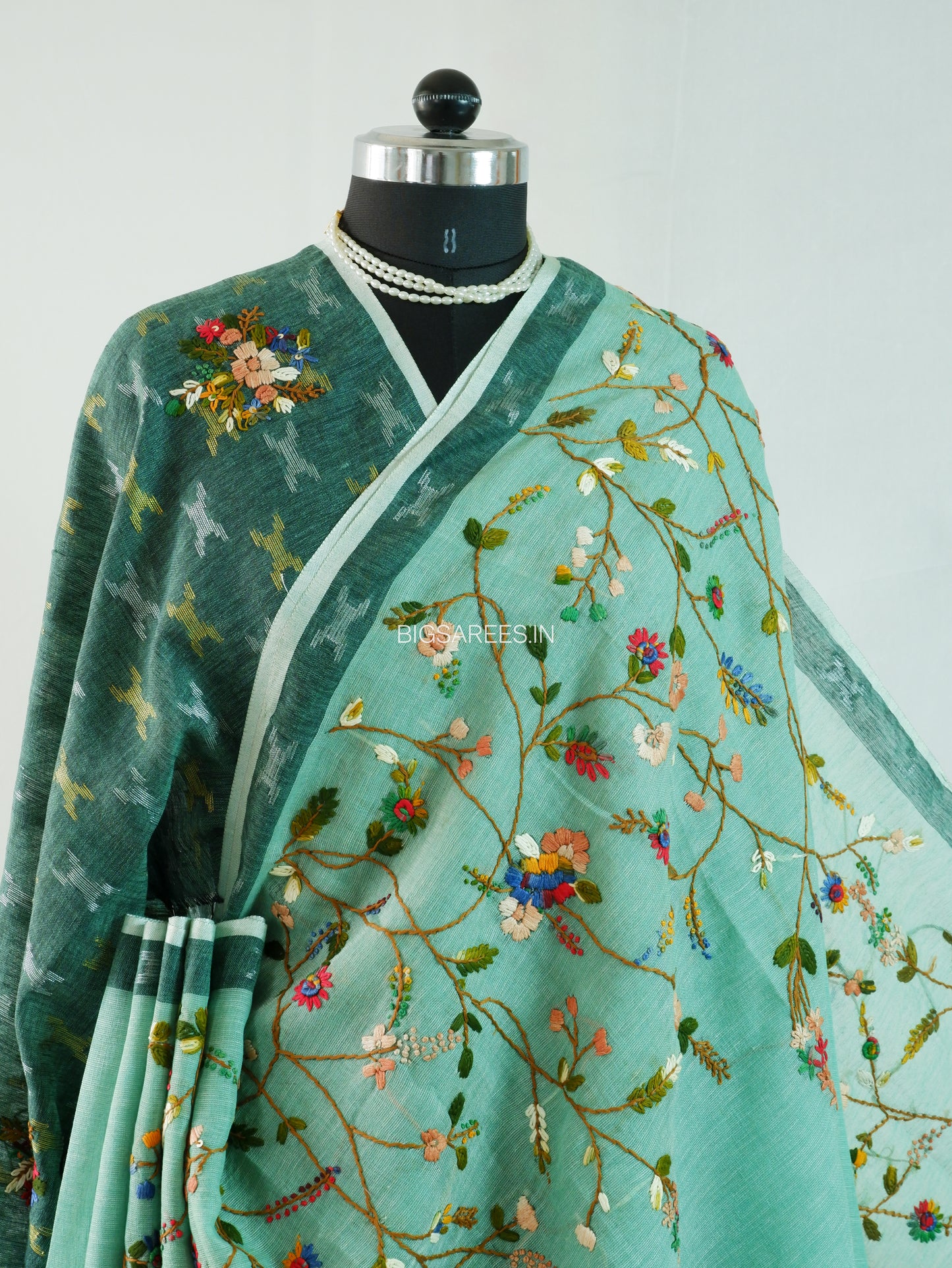 Bullion Knot Hand-Embroidered Saree | Khadi Linen | Parsi Needlework | Green