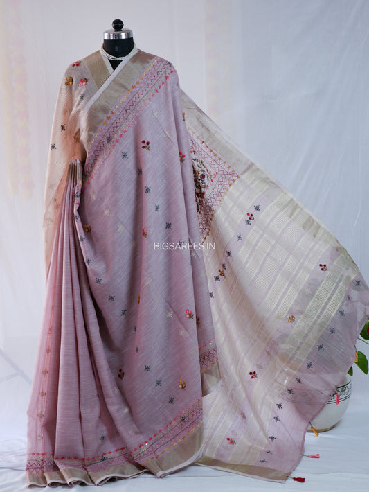 Bullion Knot Hand-Embroidered Saree | Khadi Linen | Parsi Needlework | Lavender