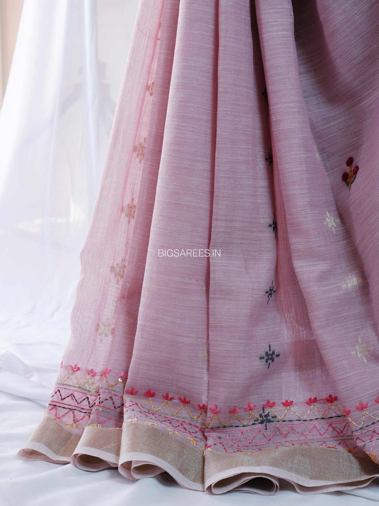 Bullion Knot Hand-Embroidered Saree | Khadi Linen | Parsi Needlework | Lavender