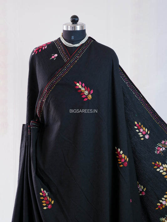Bullion Knot Hand-Embroidered Saree | Khadi Cotton | Parsi Needlework | Black