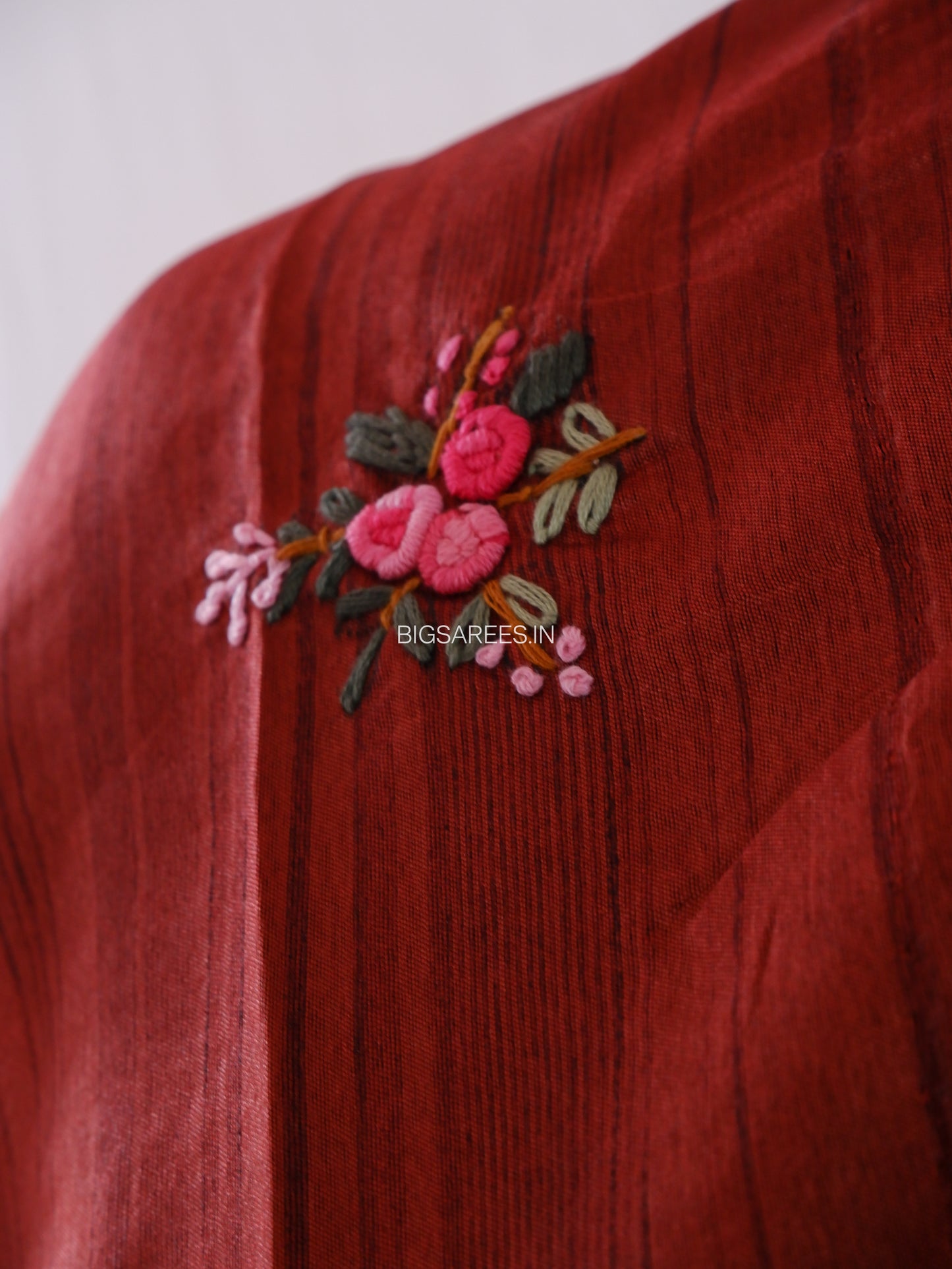 Bullion Knot Hand-Embroidered Saree | Semi Tassar | Brown Red