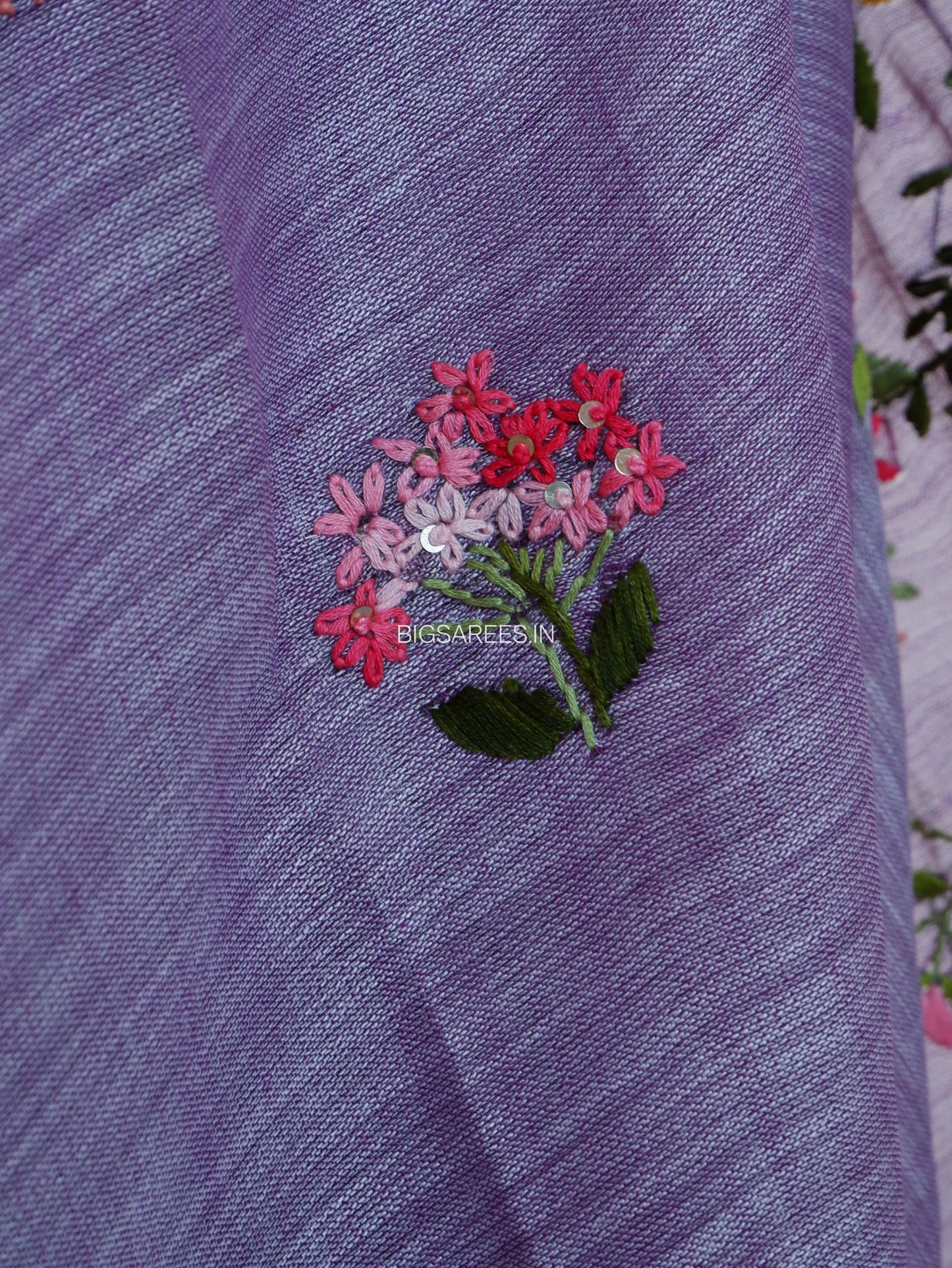 Bullion Knot Hand-Embroidered Saree | Khadi Linen | Parsi Needlework | Purple
