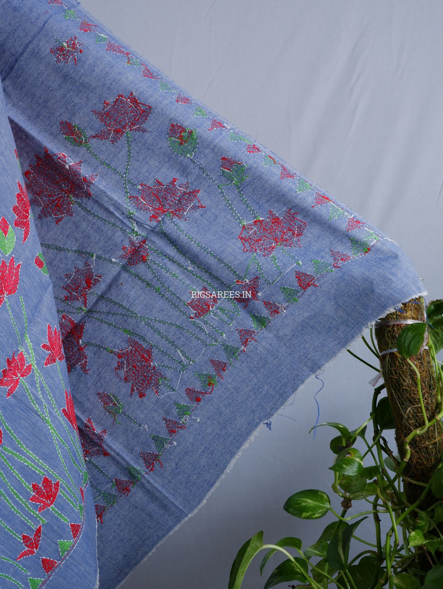 Hand-Embroidered Kantha Stitch Dupatta | Khadi Cotton | Light Denim Blue