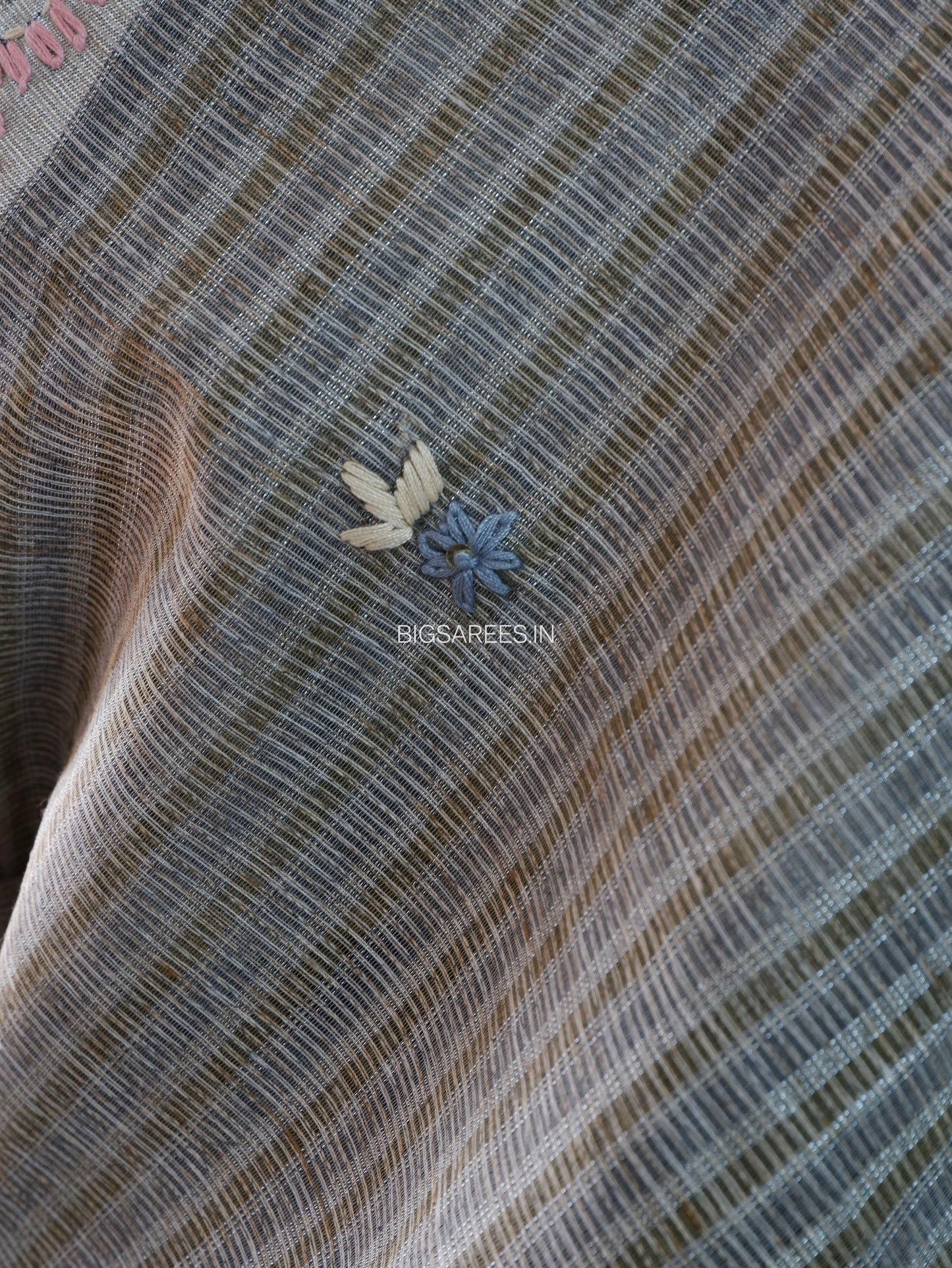 Bullion Knot Hand-Embroidered Saree | Kota Tissue | Double Thread Work | Grey