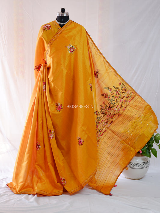 Bullion Knot Hand-Embroidered Saree | Semi Tassar | Yellow Ochre
