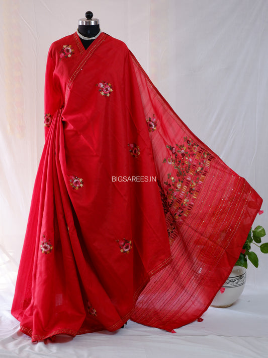 Bullion Knot Hand-Embroidered Saree | Semi Tassar | Crimson Red