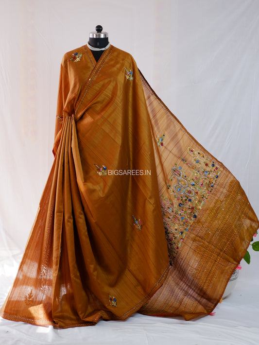 Bullion Knot Hand-Embroidered Saree | Semi Tassar | Bronze