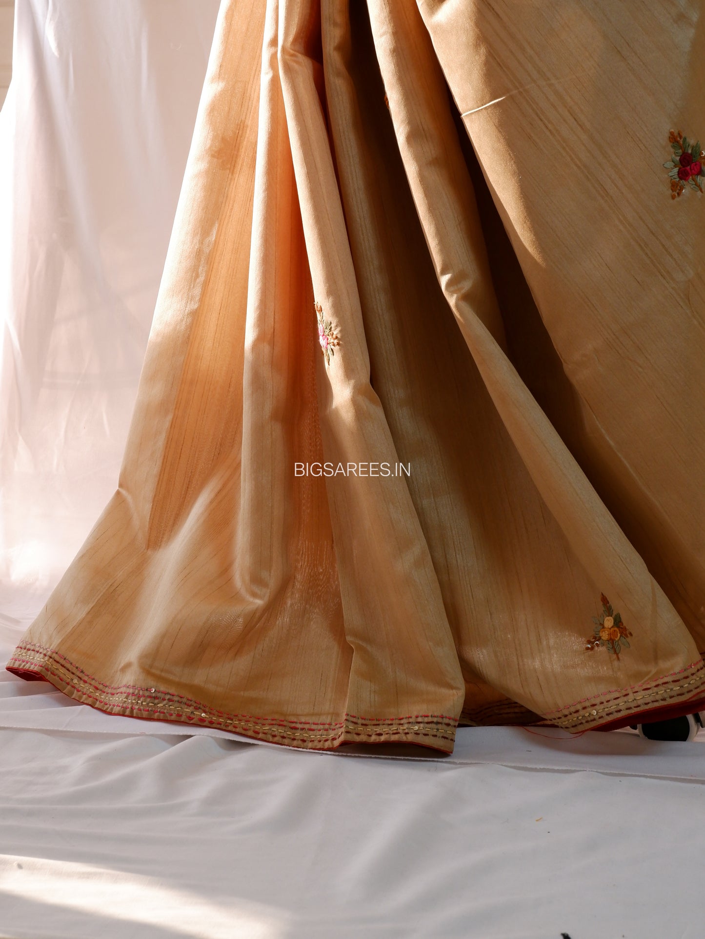 Bullion Knot Hand-Embroidered Saree | Semi Tassar | Beige