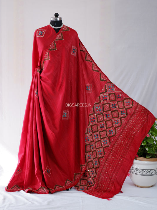 Bullion Knot Hand-Embroidered Saree | Soft Tassar Silk | Lambani Work | Red
