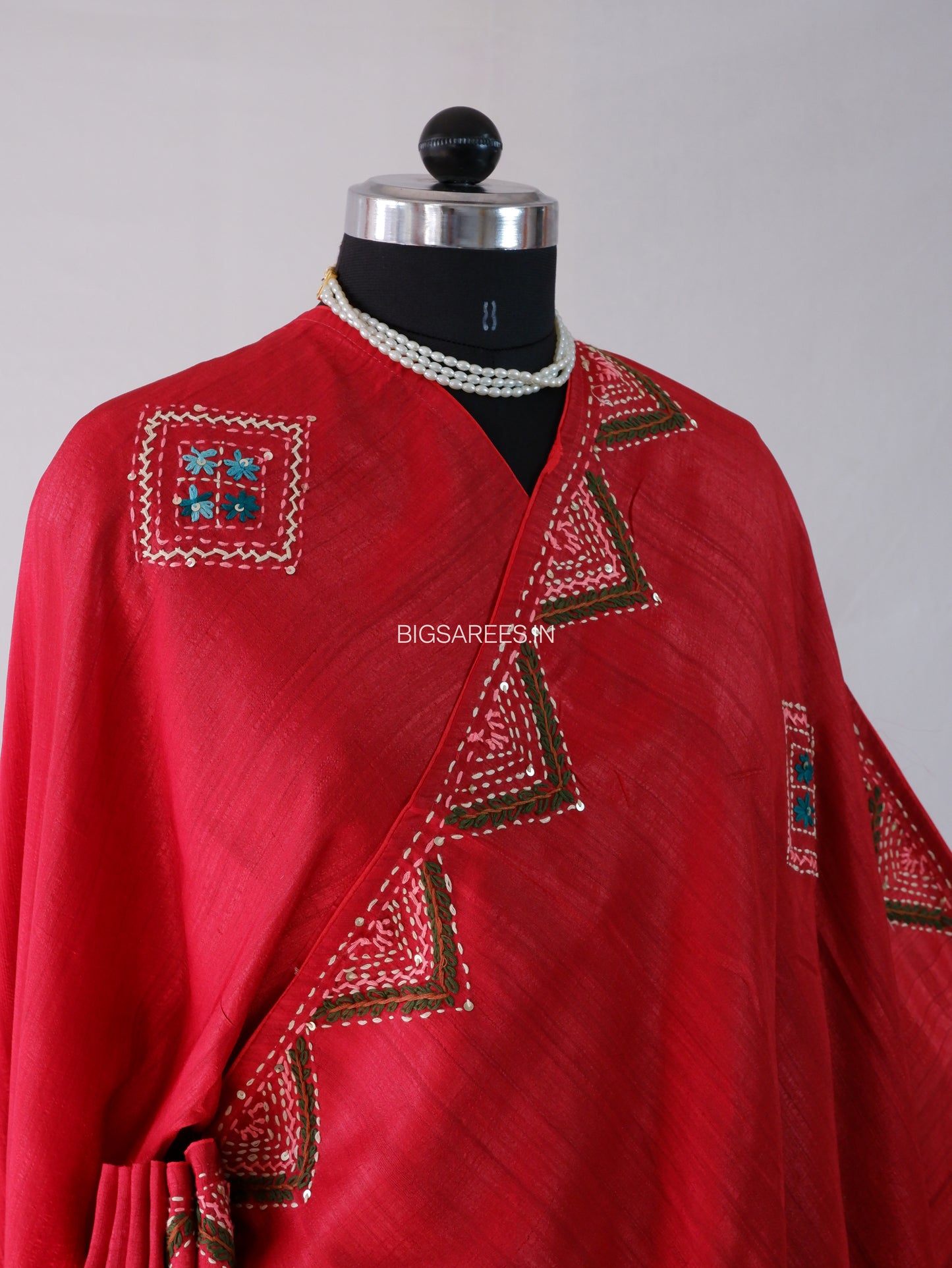 Bullion Knot Hand-Embroidered Saree | Soft Tassar Silk | Lambani Work | Red