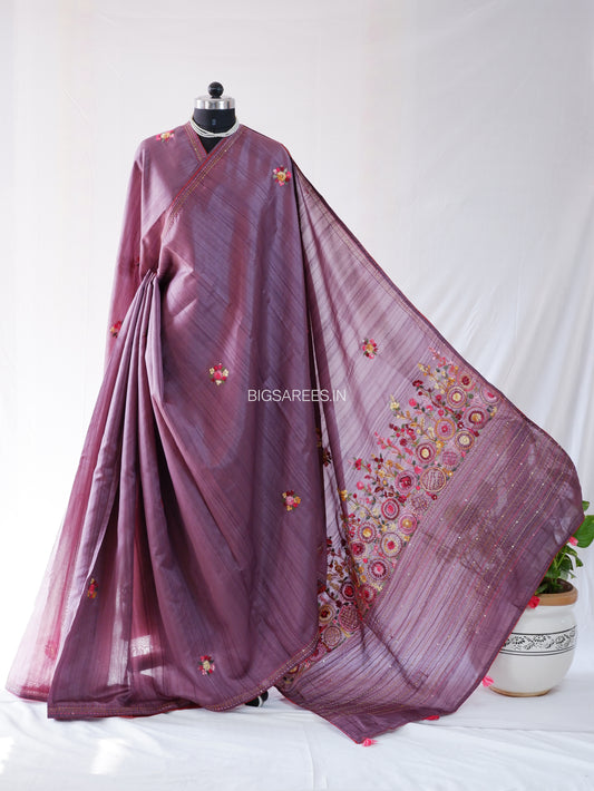 Bullion Knot Hand-Embroidered Saree | Semi Tassar | Plum Purple