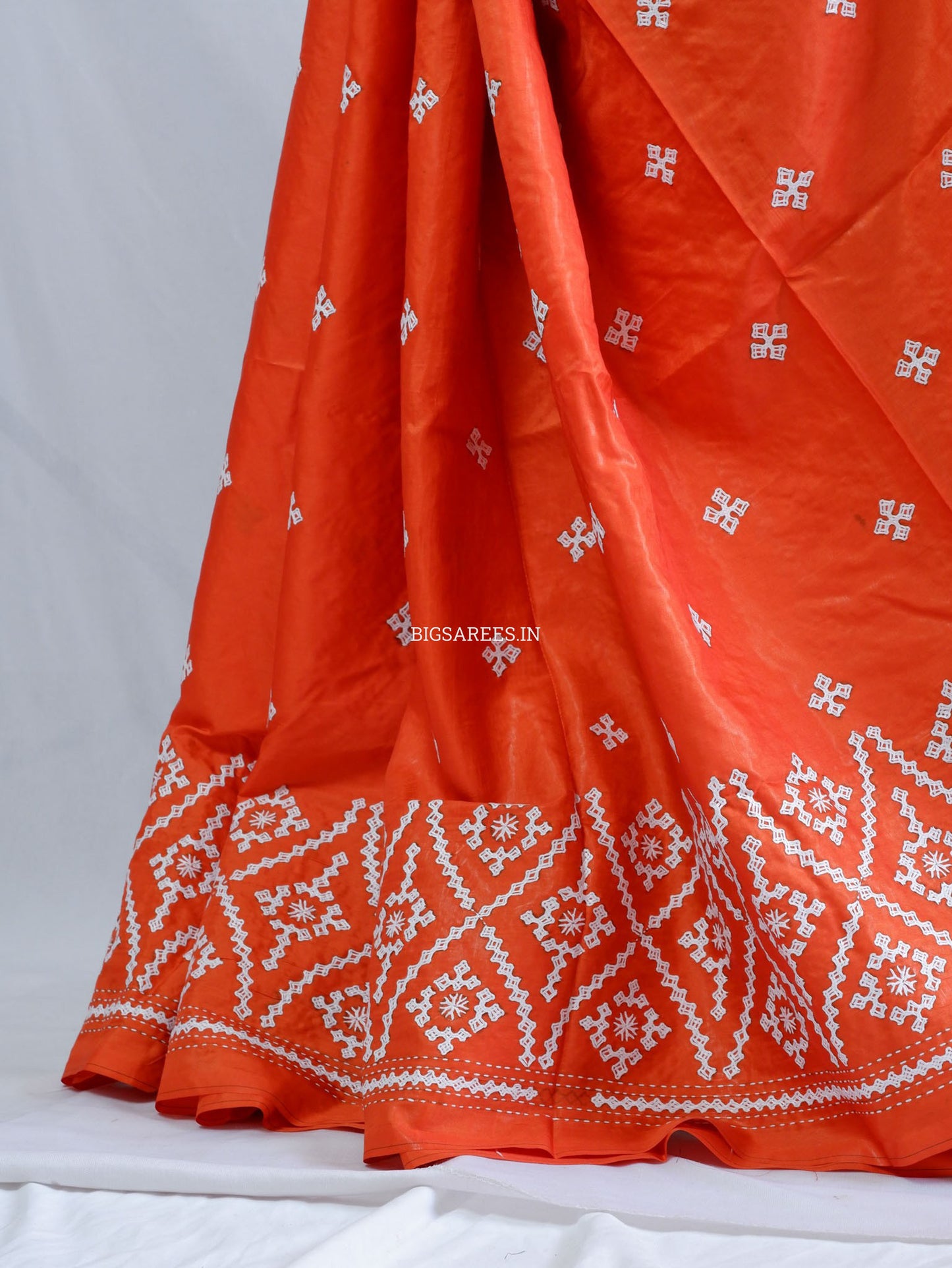 Kutchi/Gujarati Hand Embroidered Saree | Blended Bangalore Silk / Art Silk | Orange