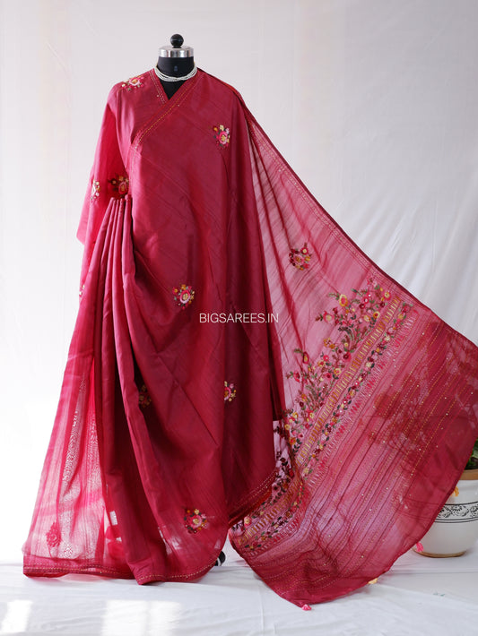 Bullion Knot Hand-Embroidered Saree | Semi Tassar | Vivid Auburn