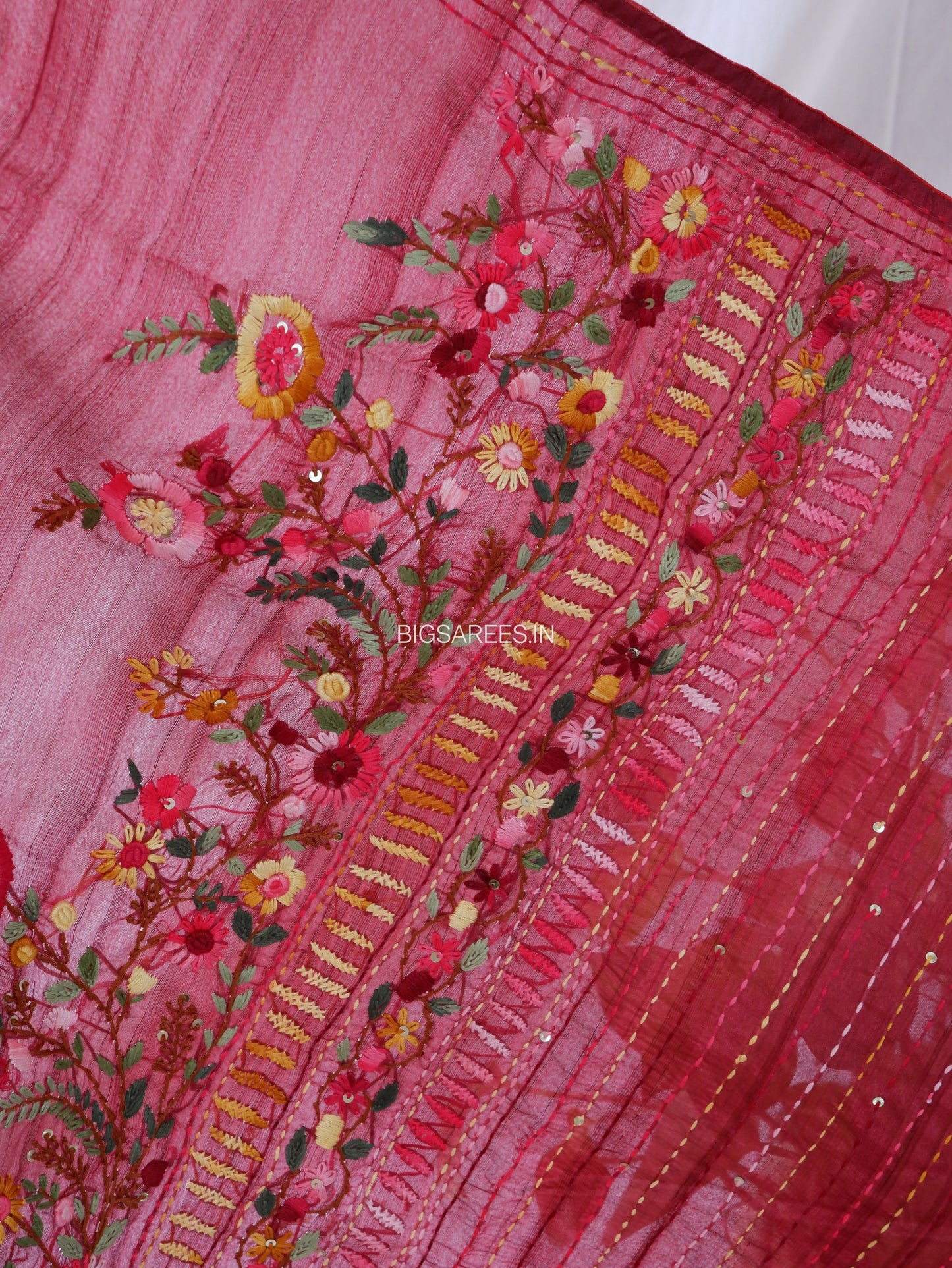 Bullion Knot Hand-Embroidered Saree | Semi Tassar | Vivid Auburn