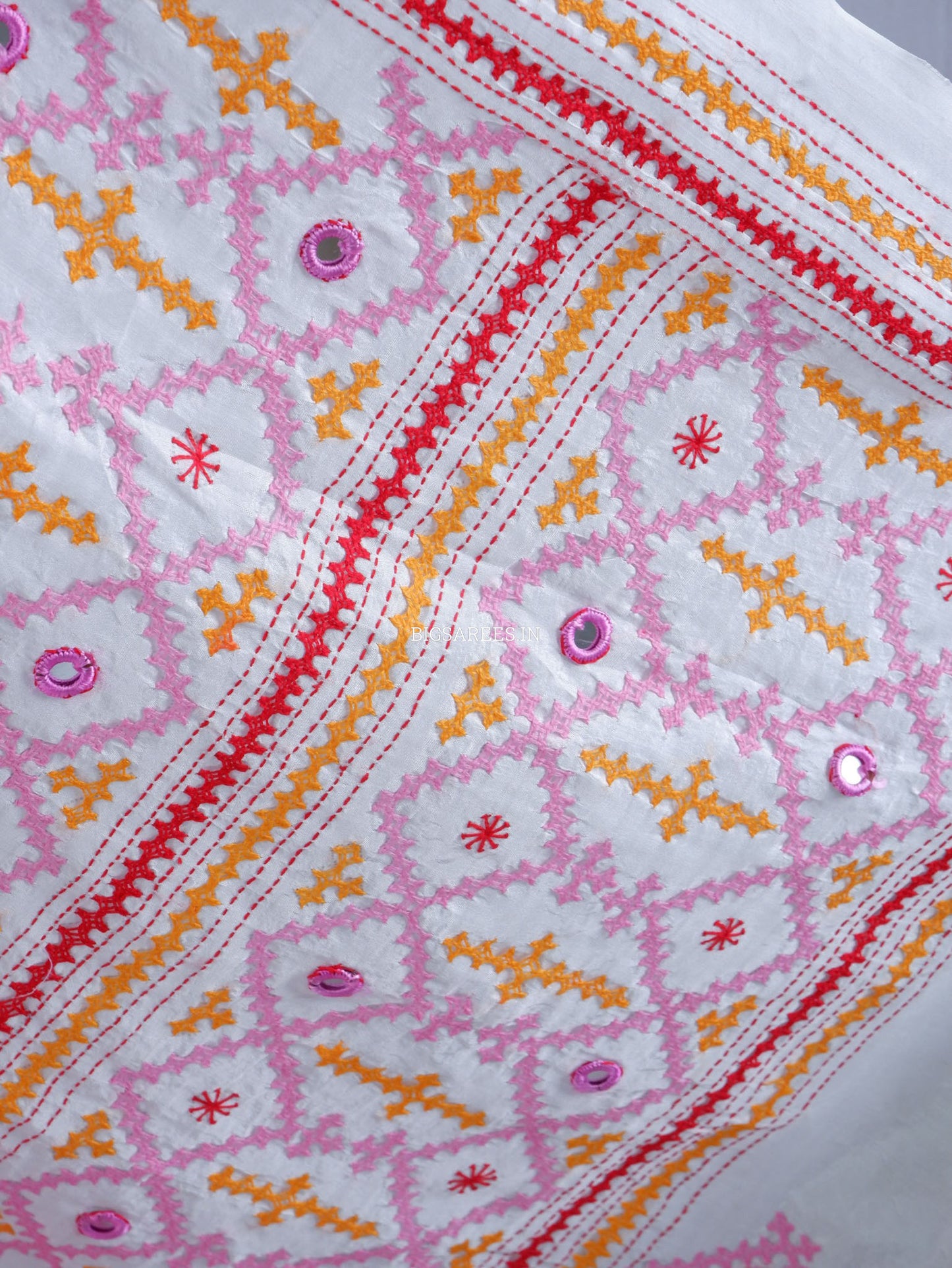 Kutchi/Gujarati Stitch Hand Embroidered Saree | Art Silk | Real Mirror Work | White