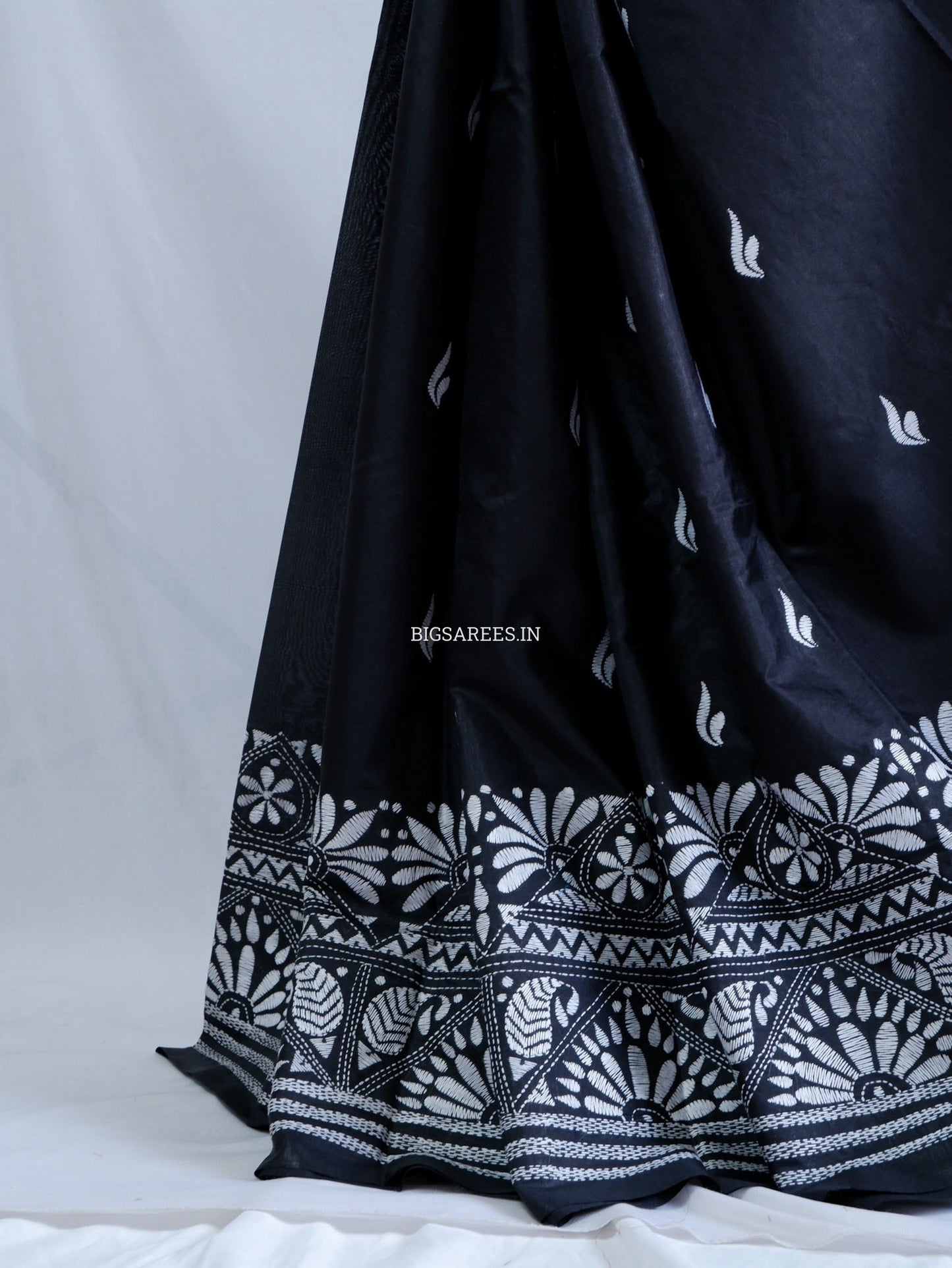 Kantha Stitch Hand Embroidered Saree | Blended Bangalore Silk / Art Silk | Black