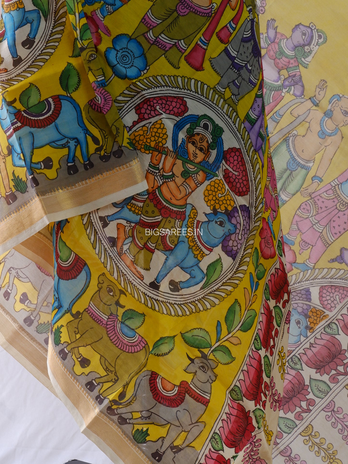 Pen Kalamkari Hand Painted Bangalore Silk Dupatta | Yellow | 36"