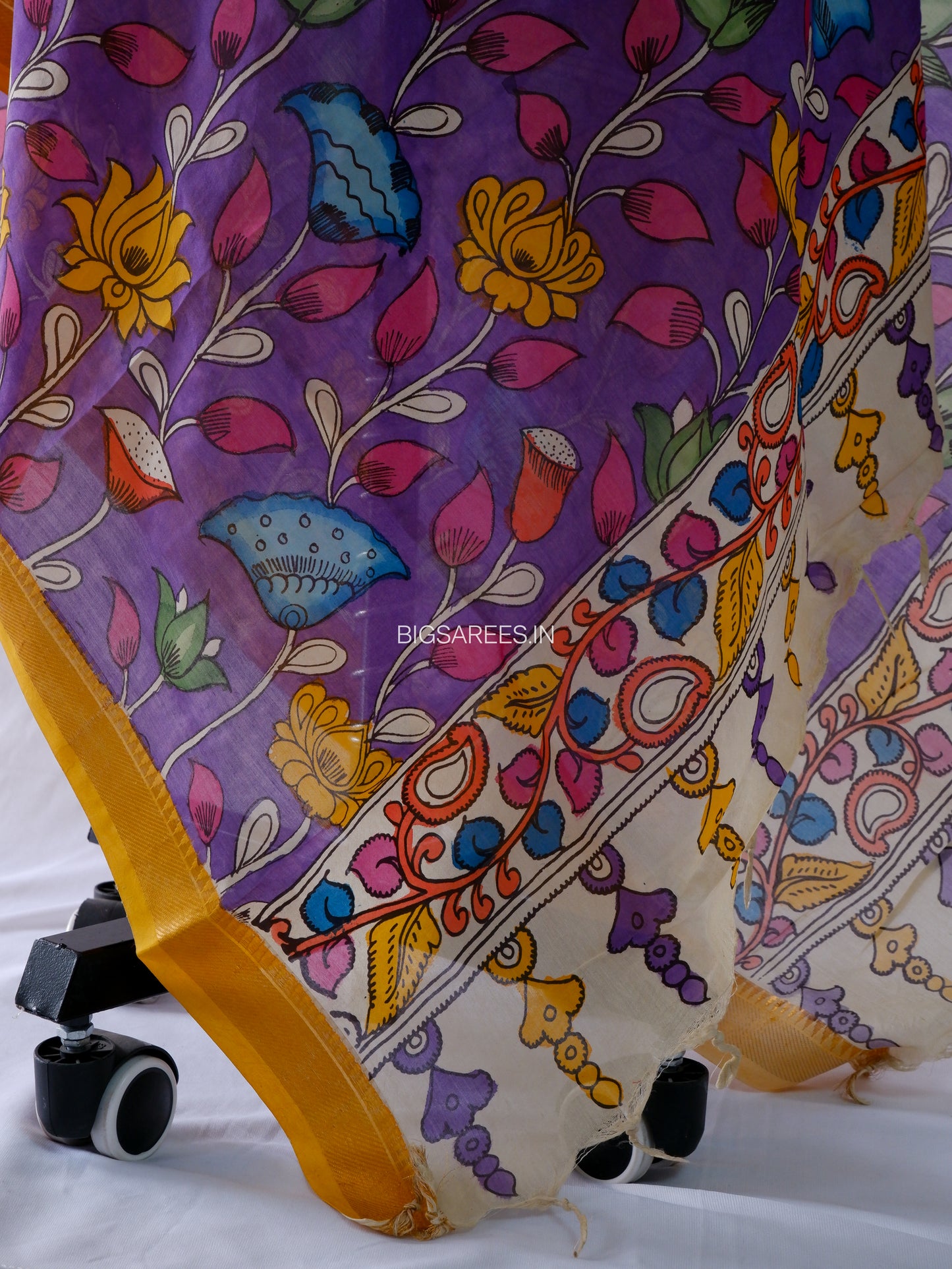 Pen Kalamkari Hand Painted Bangalore Silk Dupatta | Purple | 36"