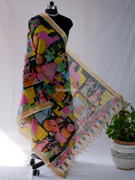 Pen Kalamkari Hand Painted Bangalore Silk Dupatta | Black | 36"