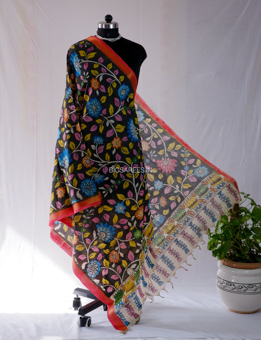 Pen Kalamkari Hand Painted Bangalore Silk Dupatta | Black | 36"