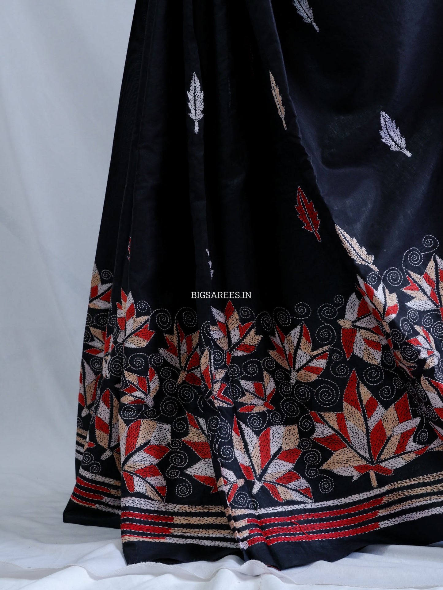 Kantha - Stitch Hand Embroidered Saree | Blended Bangalore Silk / Art Silk | Black