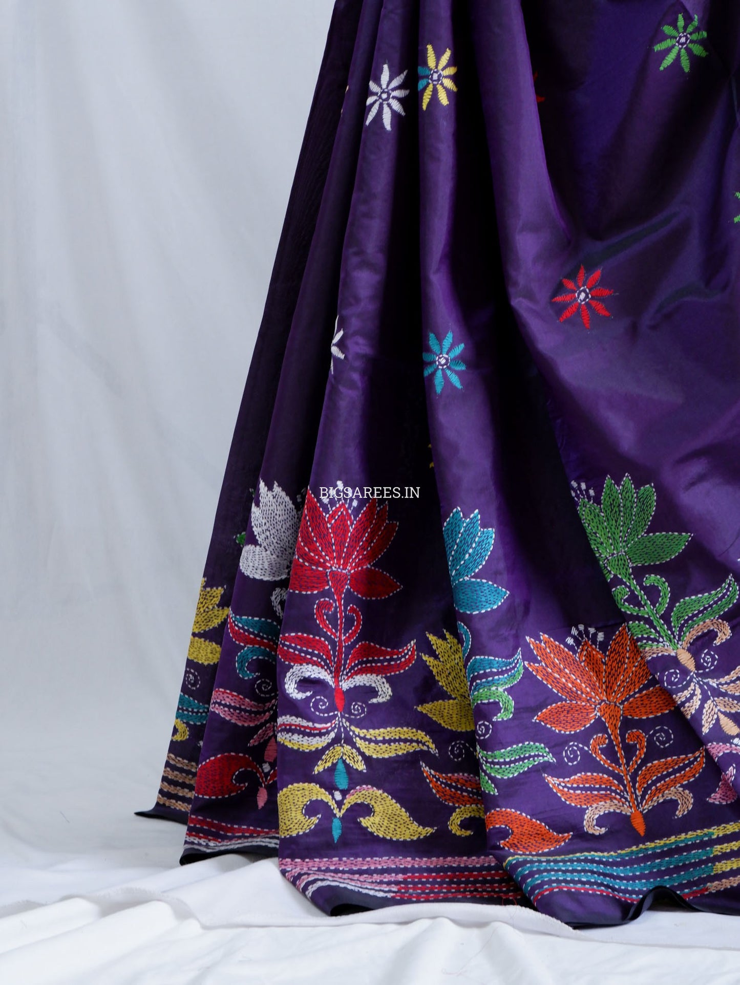 Kantha - Stitch Hand Embroidered Saree | Blended Bangalore Silk / Art Silk | Violet
