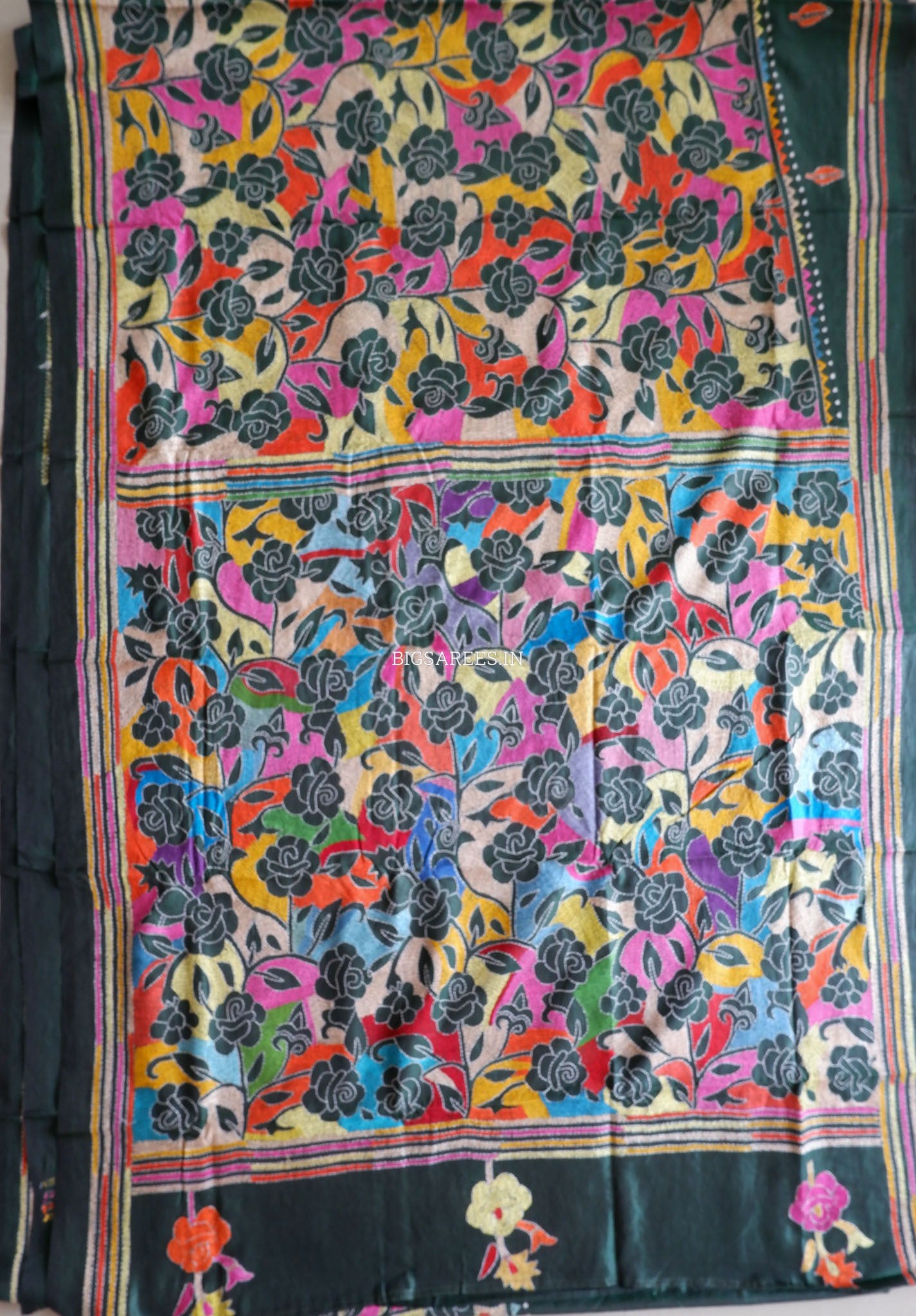 Reverse Kantha Hand Work Embroidered Art Silk Saree - Forest Green