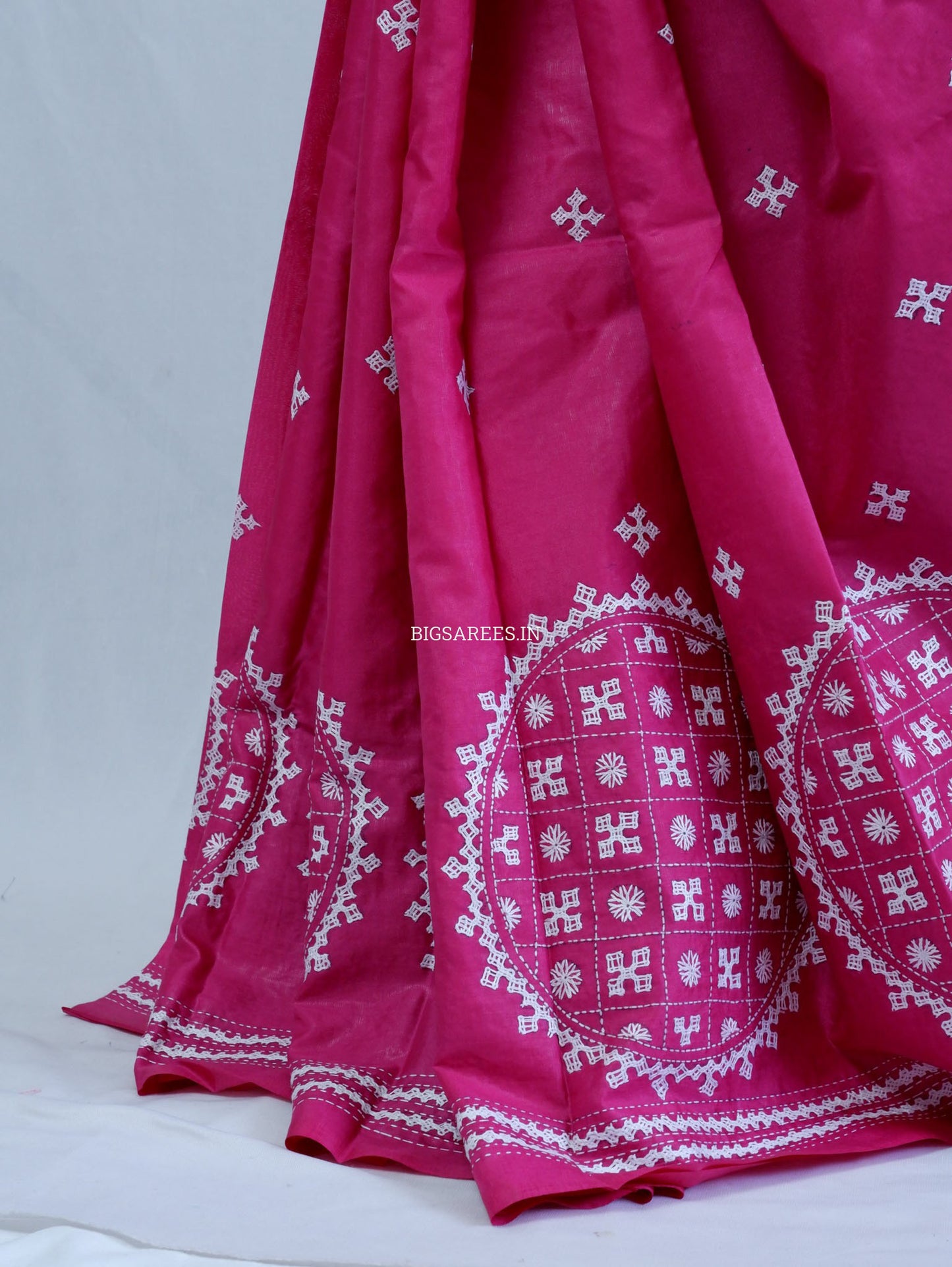 Kutchi/Gujarati Hand Embroidered Saree | Blended Bangalore Silk / Art Silk | Pink