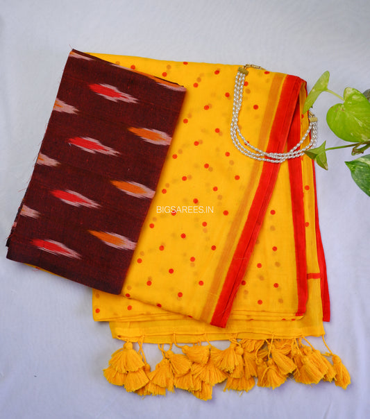Polka Dot Saree With Blouse | Mul Cotton | Yellow