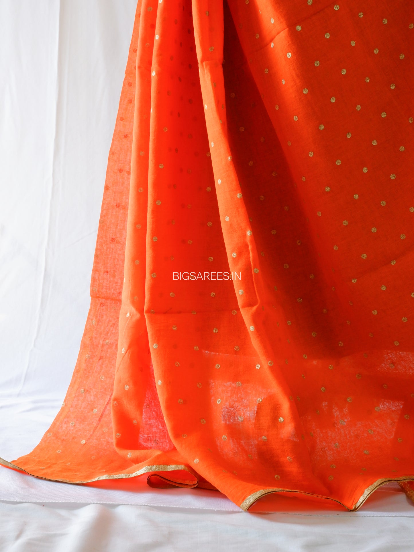 Polka Dot Saree With Blouse | Mul Cotton | Orange