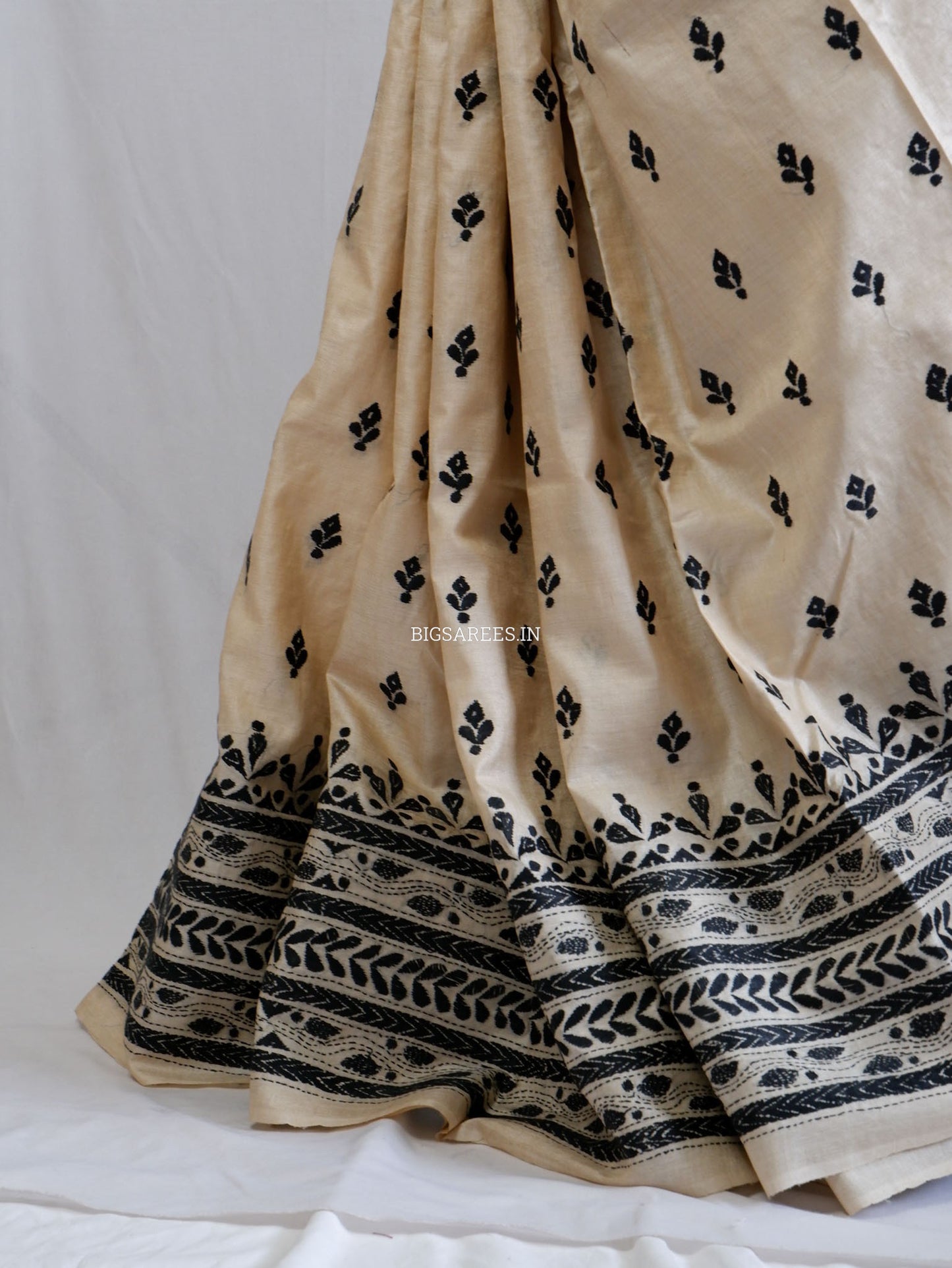 Kantha - Stitch Hand Embroidered Saree | Gachi Tussar Silk | Silk Marked | White / Black