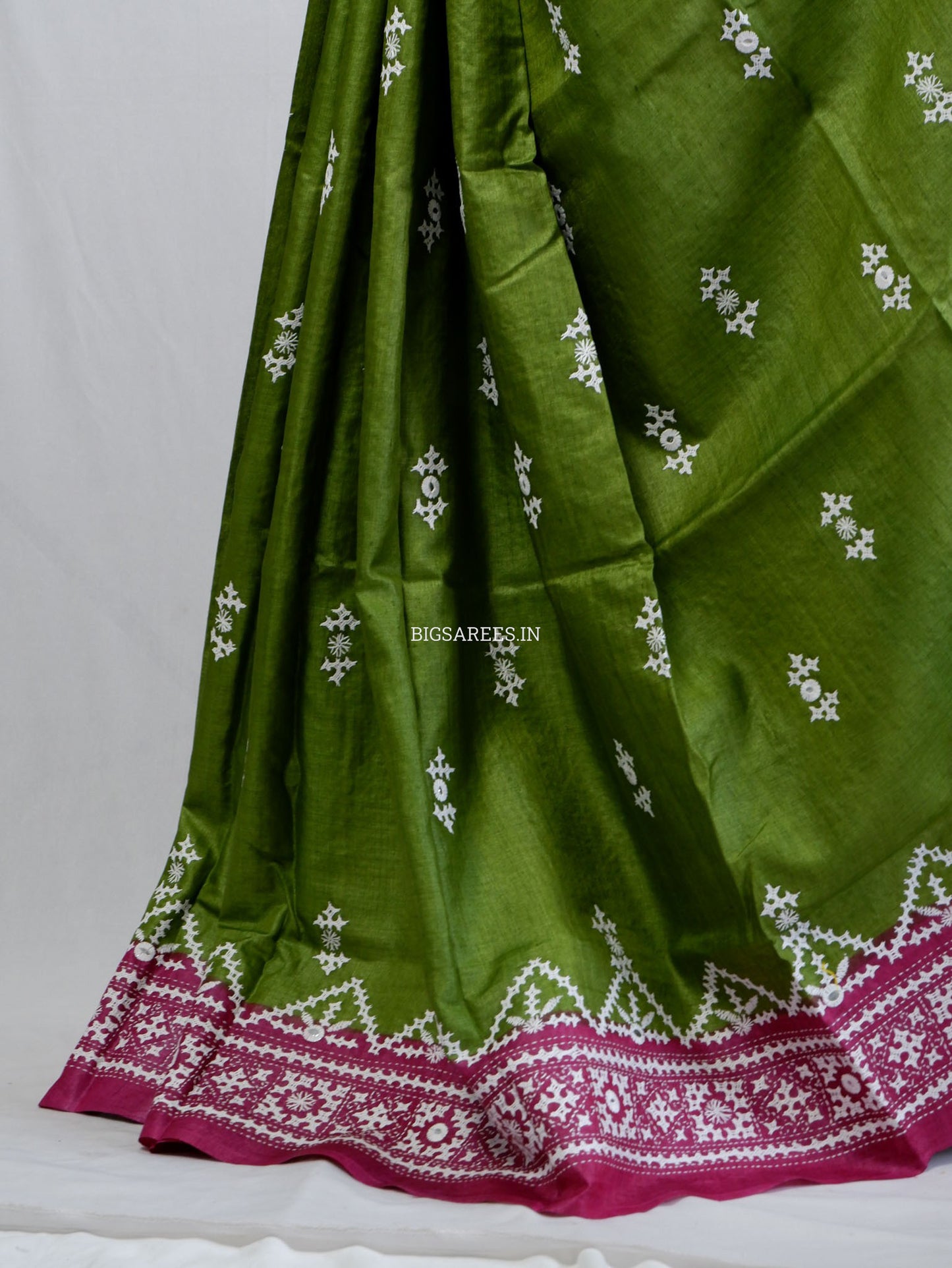 Kutchi Hand Embroidered Saree | Tassar Silk | Silk Marked | Green/Pink