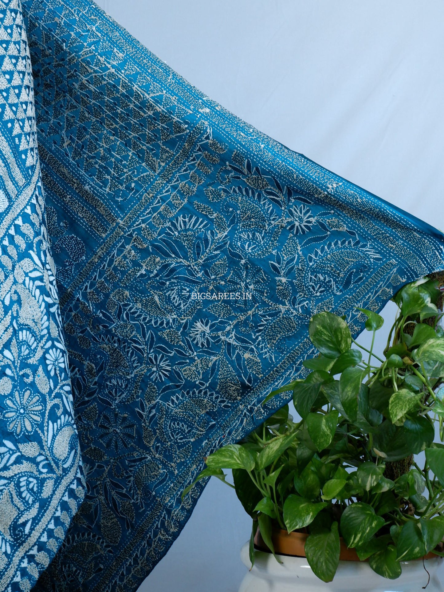 Kantha Hand-Embroidered Dupatta | Pure Bangalore Silk | Rama Green